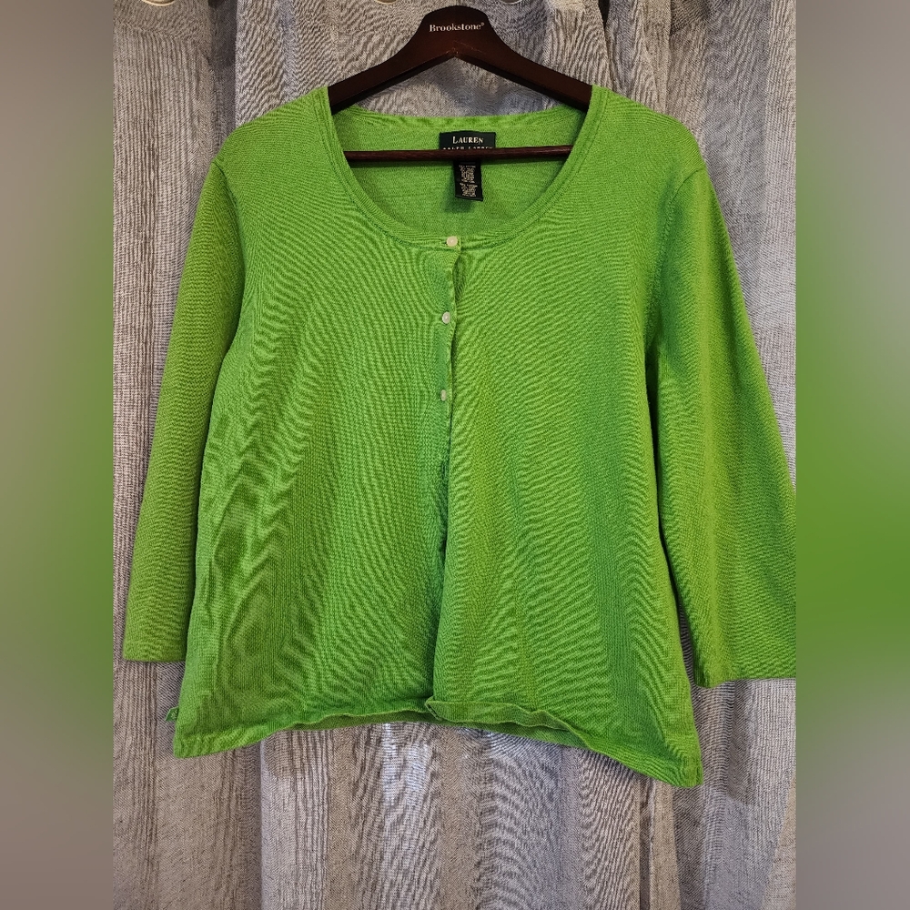 Ralph Lauren Women's Large green Sweater Top Button-Up Round Neck Cotton Blend